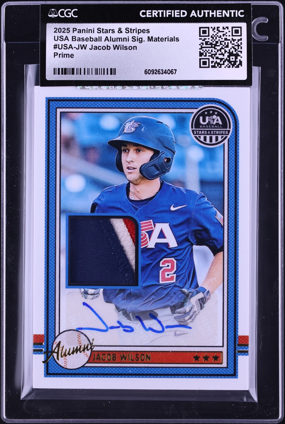 2025 Panini Stars & Stripes USA Baseball Alumni Prime Jacob Wilson RC PATCH AUTO /25 CGC AUTH