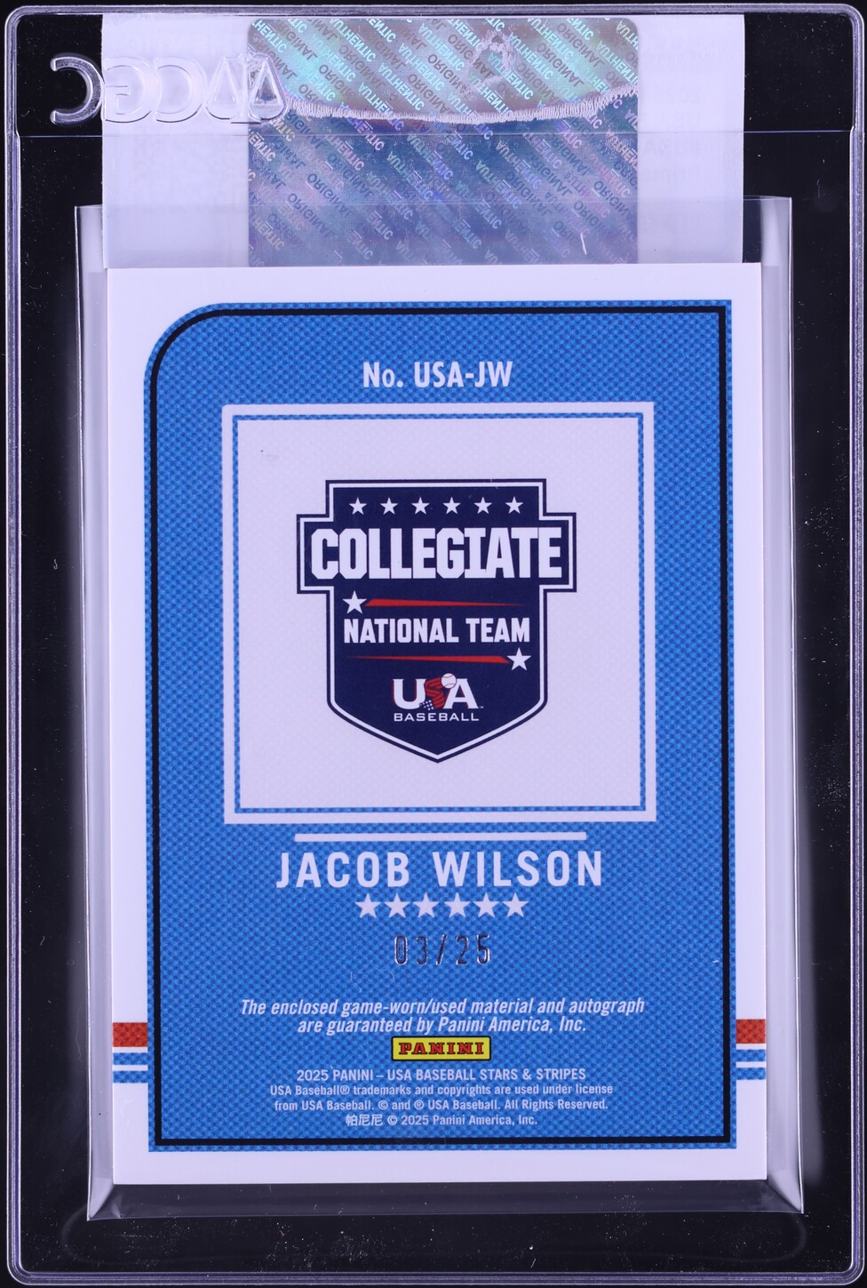 2025 Panini Stars & Stripes USA Baseball Alumni Prime Jacob Wilson RC PATCH AUTO /25 CGC AUTH