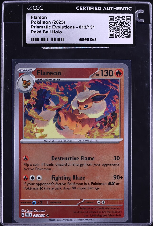 2025 Pokemon Scarlet & Violet Prismatic Evolutions Poke Ball Holo Flareon #13 CGC AUTH