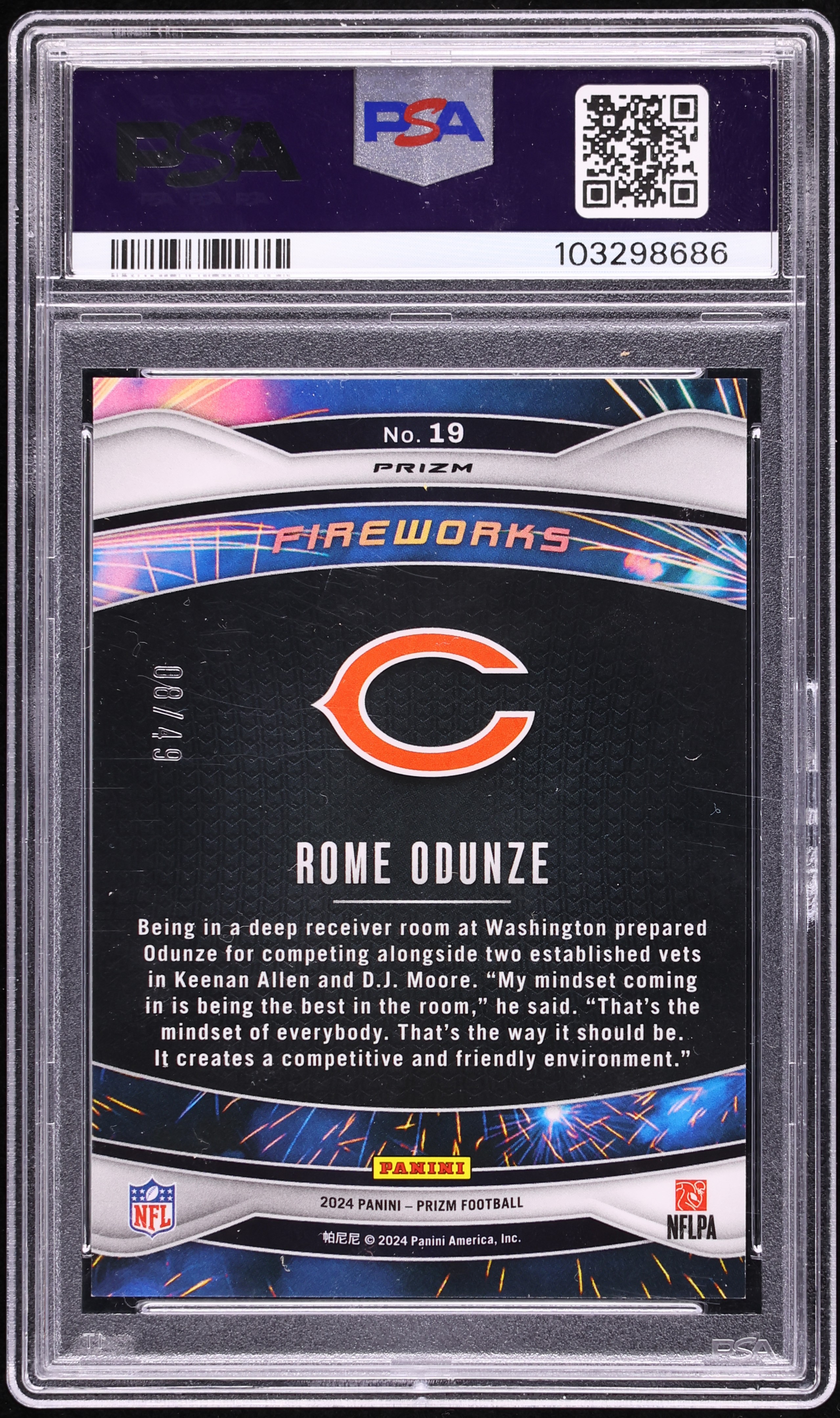2024 Panini Prizm Fireworks Purple Power Rome Odunze ROOKIE /49