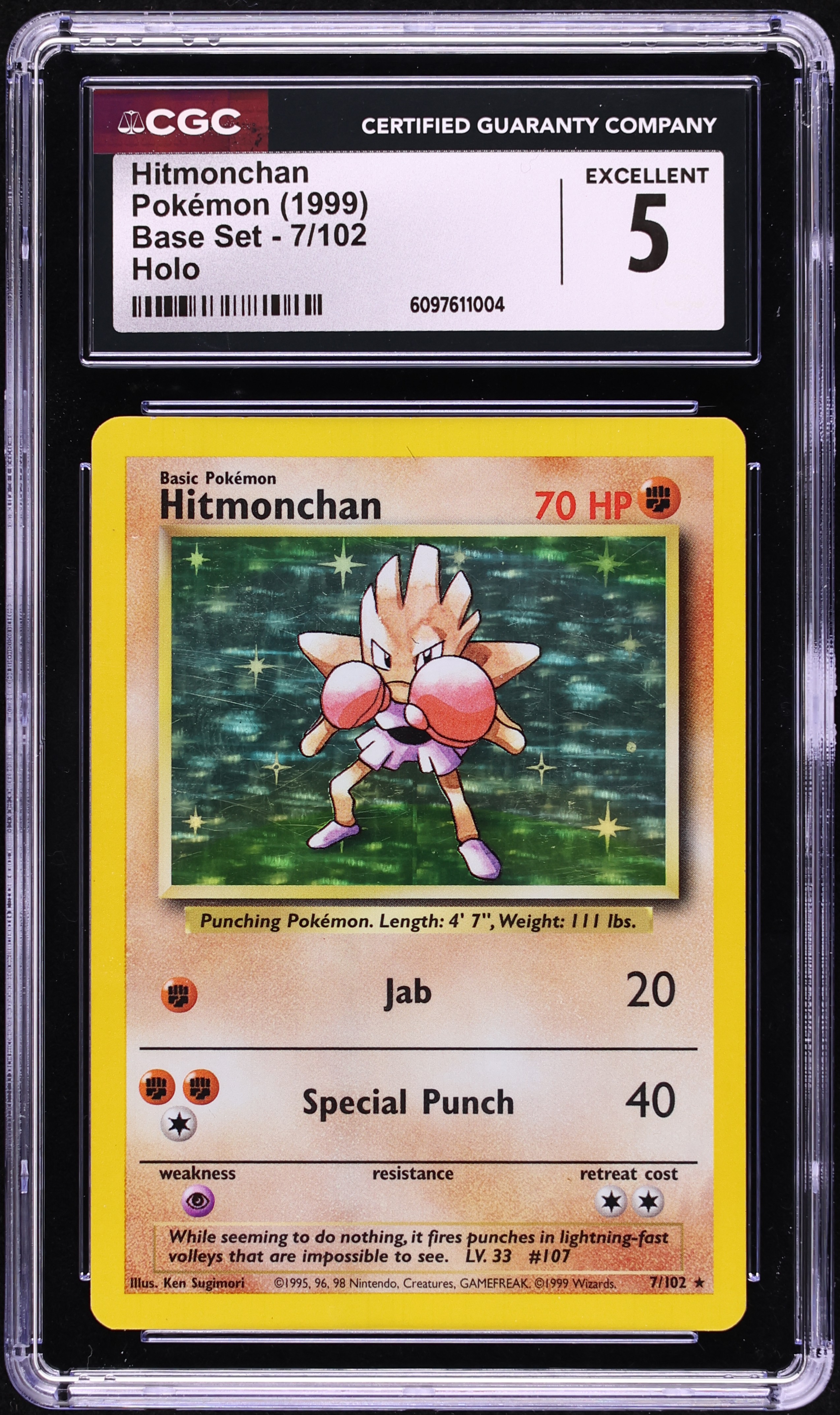 hitmonchan holographic pokemon card Pokemon TCG Hitmonchan Base Set Holo Card 7/102 CGC Graded 9.5 MINT+ 1999
