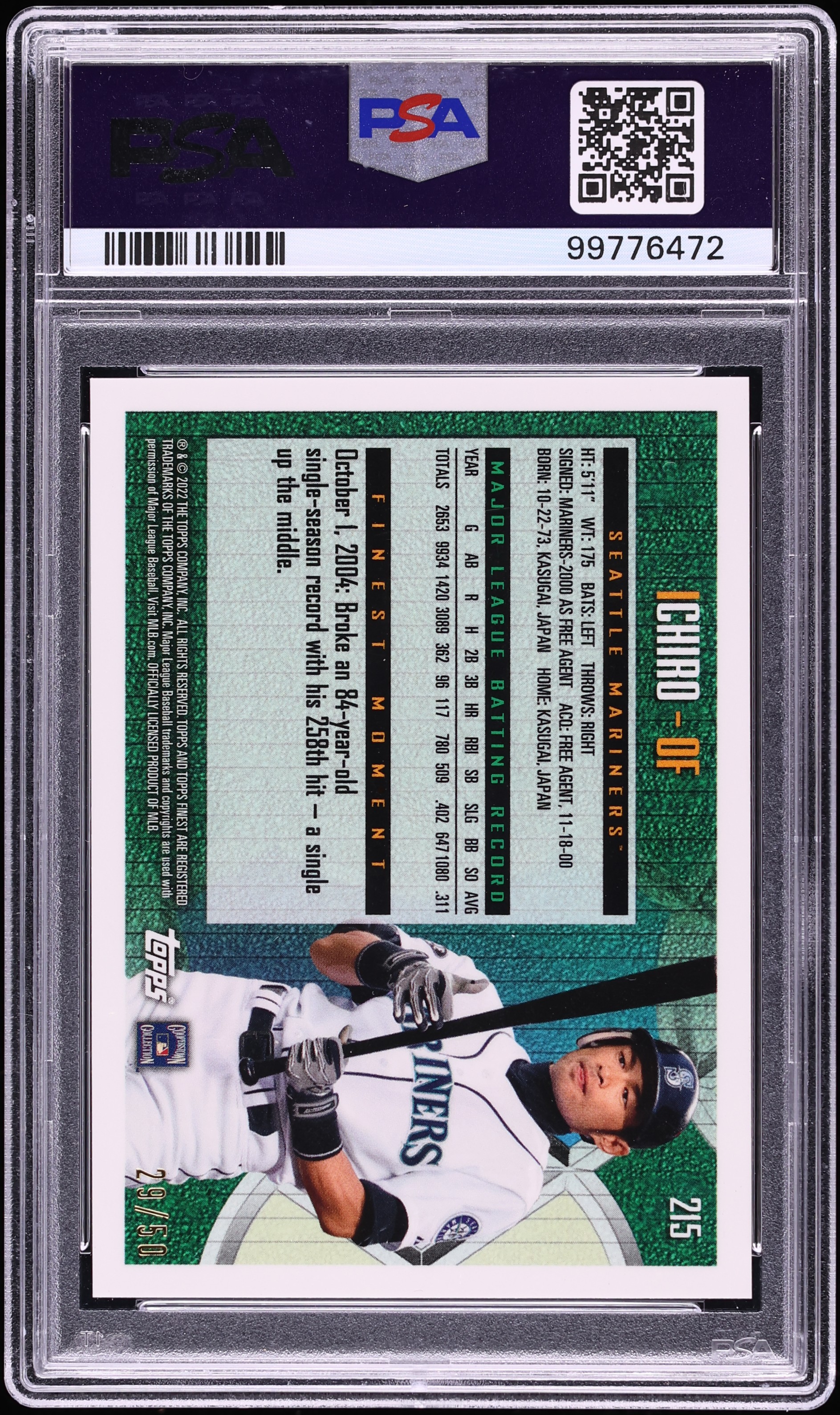 2022 Finest Flashbacks Gold Refractor Ichiro Suzuki /50 #215 PSA
