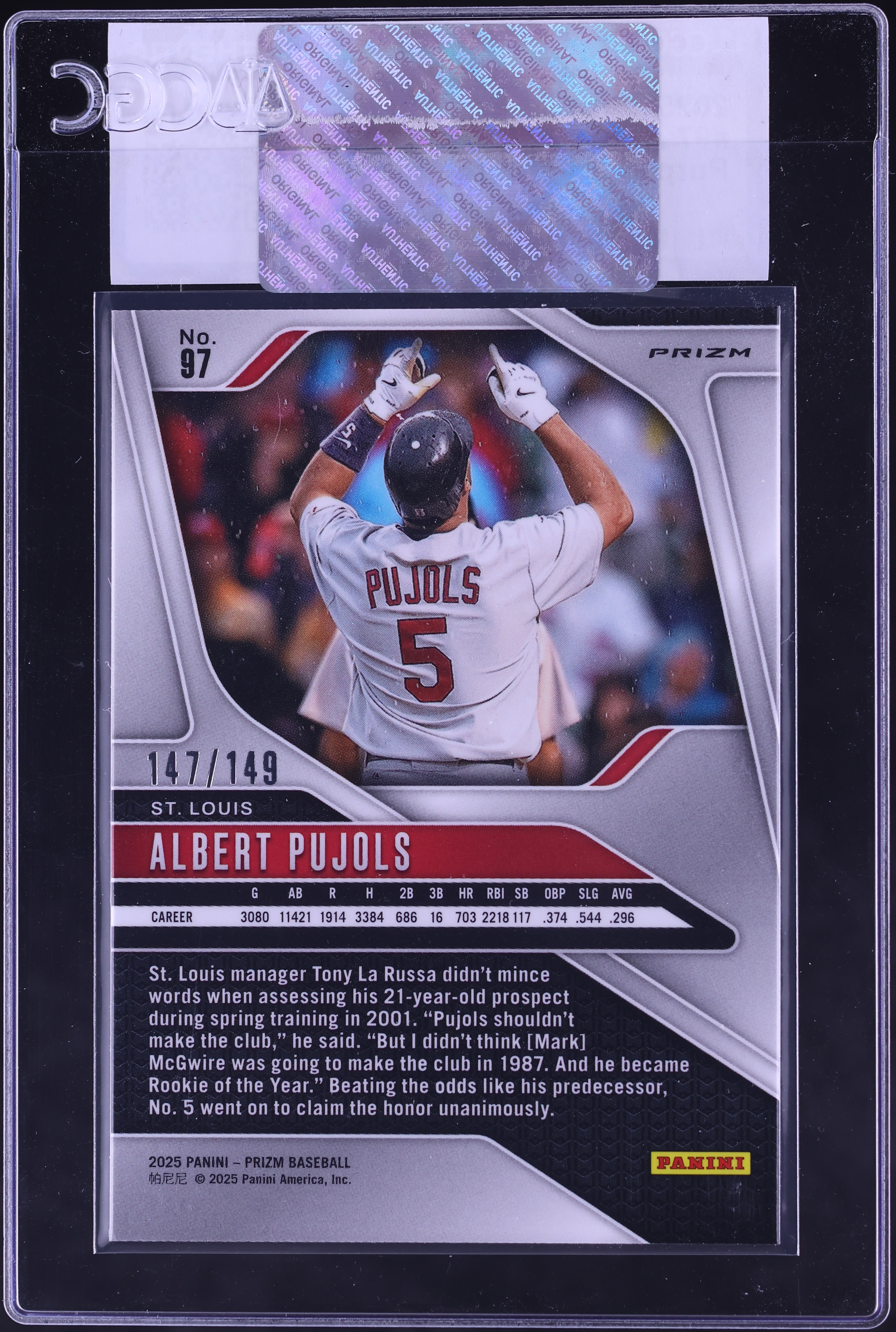 2025 Panini Prizm Purple Albert Pujols /149 #97 CGC AUTH on