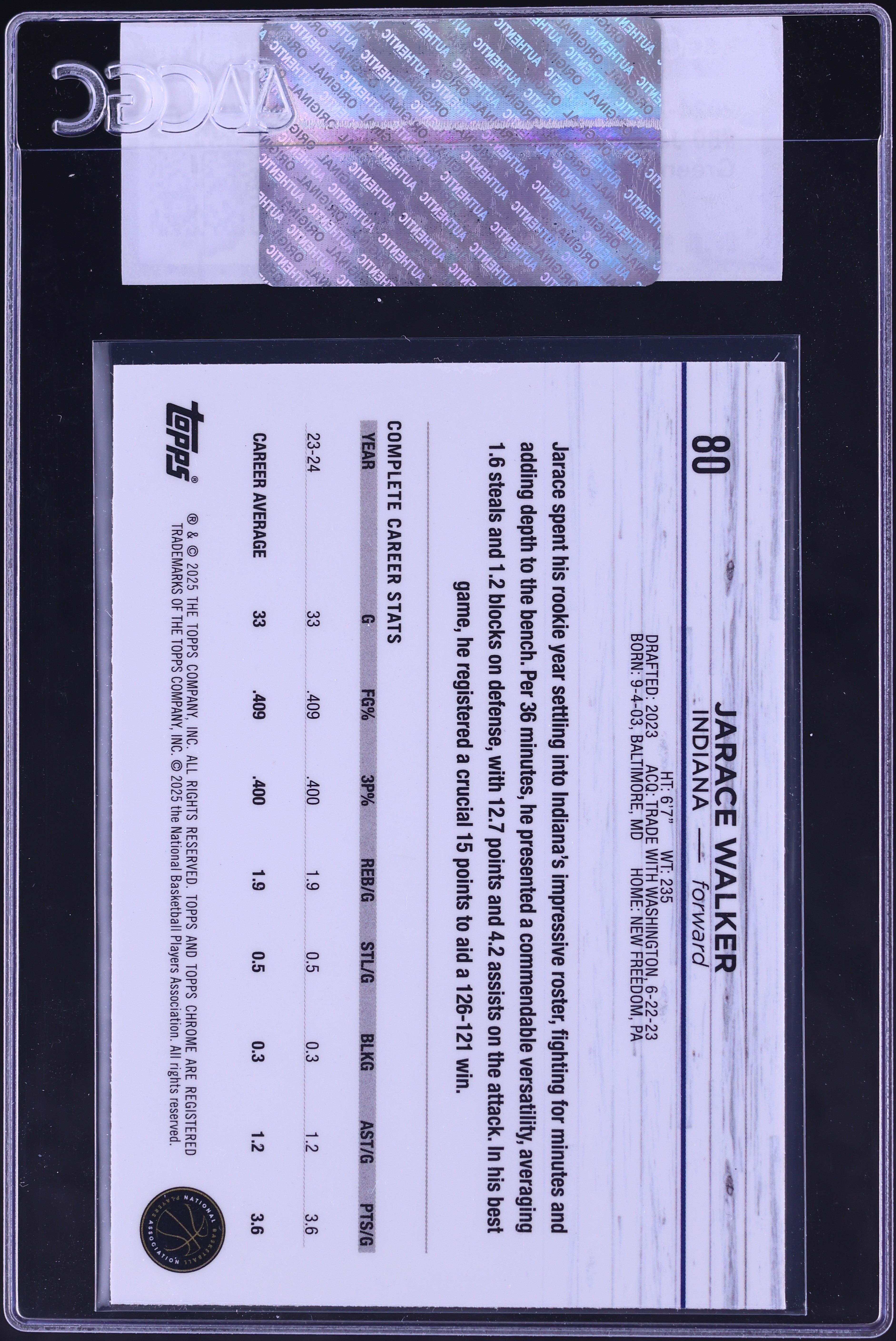 2024 Topps Chrome Sapphire Green Jarace Walker /99 #80 CGC AUTH on