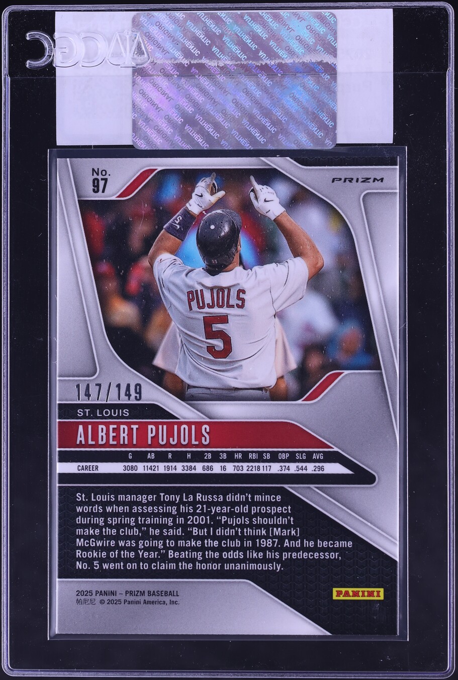 2025 Panini Prizm Purple Albert Pujols /149 #97 CGC AUTH on