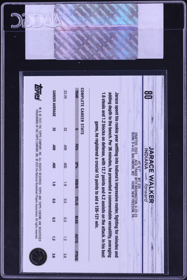 2024 Topps Chrome Sapphire Green Jarace Walker /99 #80 CGC AUTH on