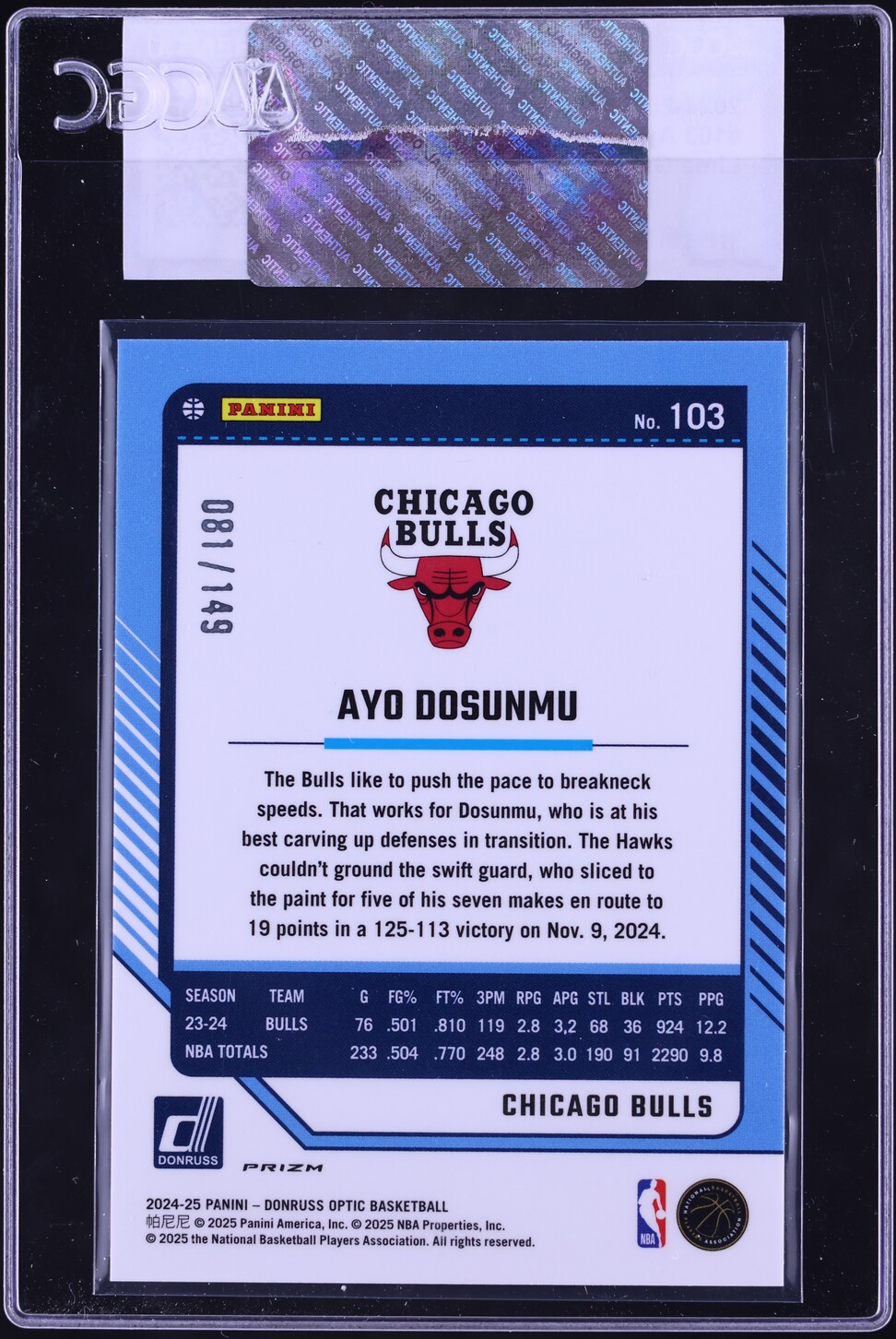 2024 Donruss Optic Lime Green Ayo Dosunmu /149 #103 CGC AUTH
