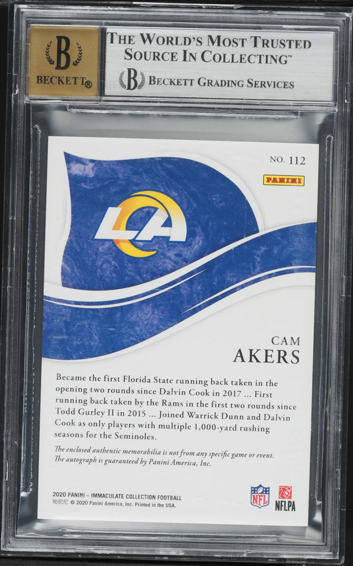 2020 immaculate Collection Cam Akers ROOKIE NFL SHIELD PATCH AUTO 1/1 #112 BGS 9 MINT