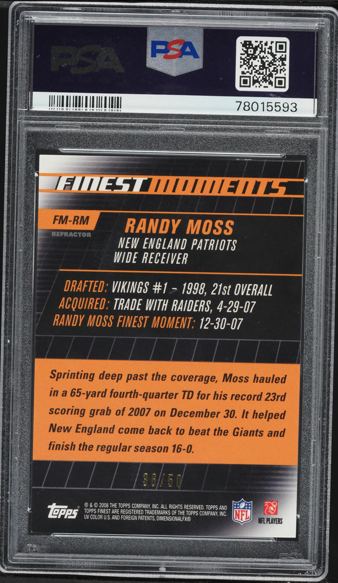 2008 Finest Moments Gold Refractor Randy Moss /50 #FM-RM PSA 8 NM-MT