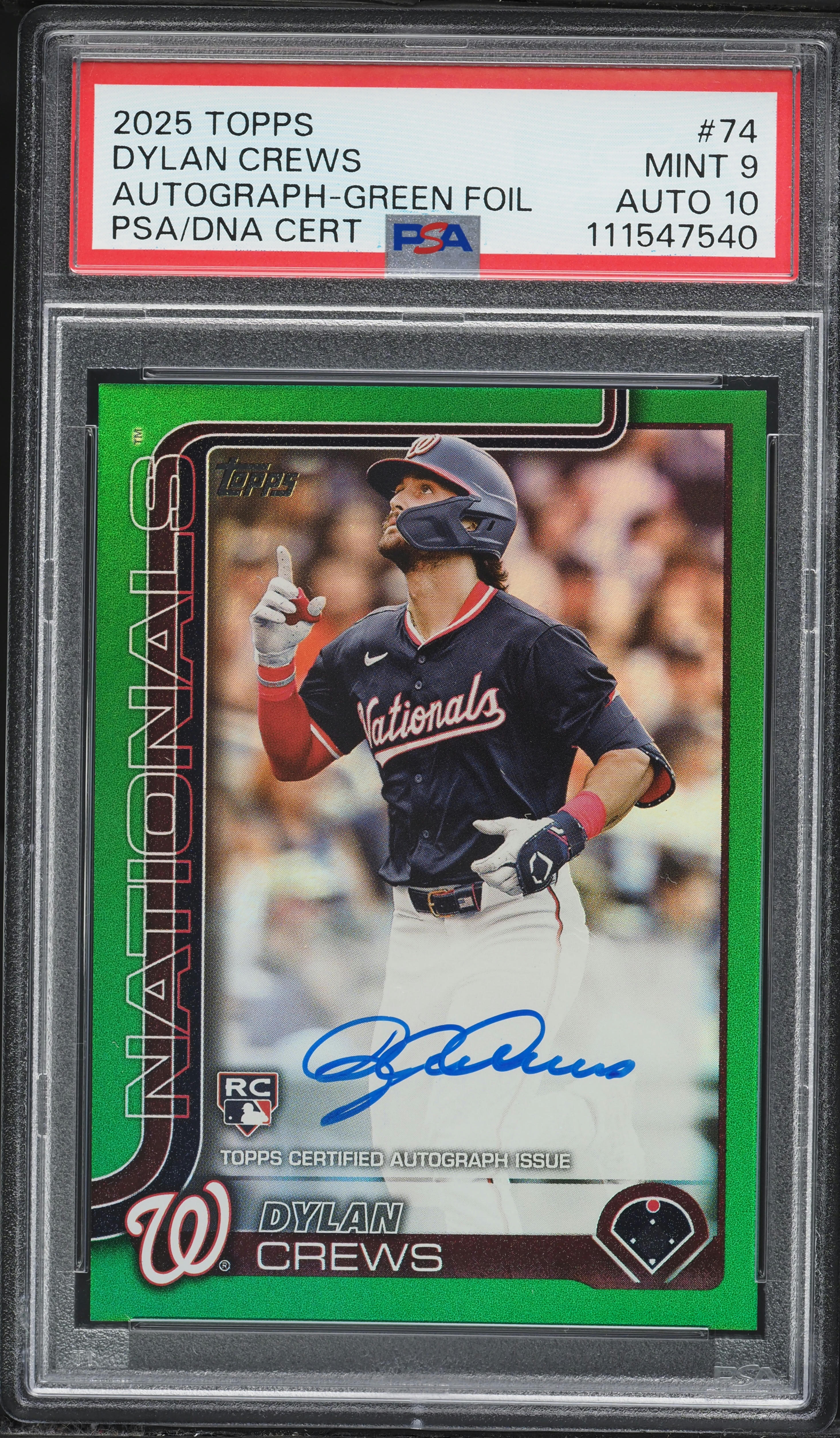 2025 Topps Green Foil Dylan Crews ROOKIE AUTO DNA 10 /99 #74 PSA 9