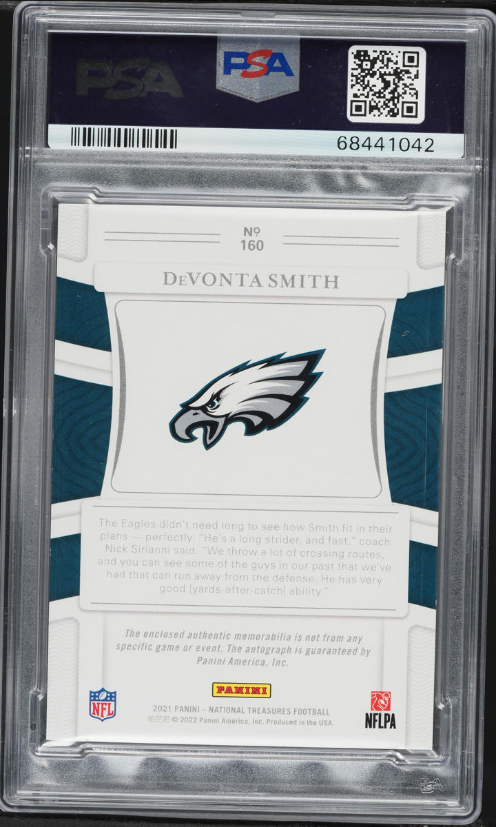2021 National Treasures DeVonta Smith ROOKIE PATCH AUTO /99 #160 PSA 9 MINT