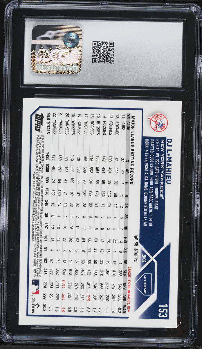 2023 Topps Chrome Magenta Speckle Refractor DJ LeMahieu /350 #153 CGC 10 GEM MINT