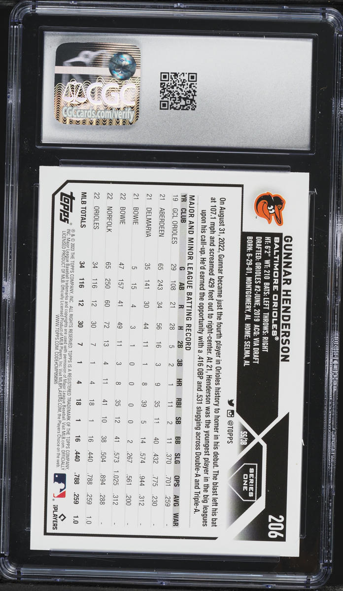 2023 Topps Gunnar Henderson ROOKIE #206 CGC 10 GEM MINT