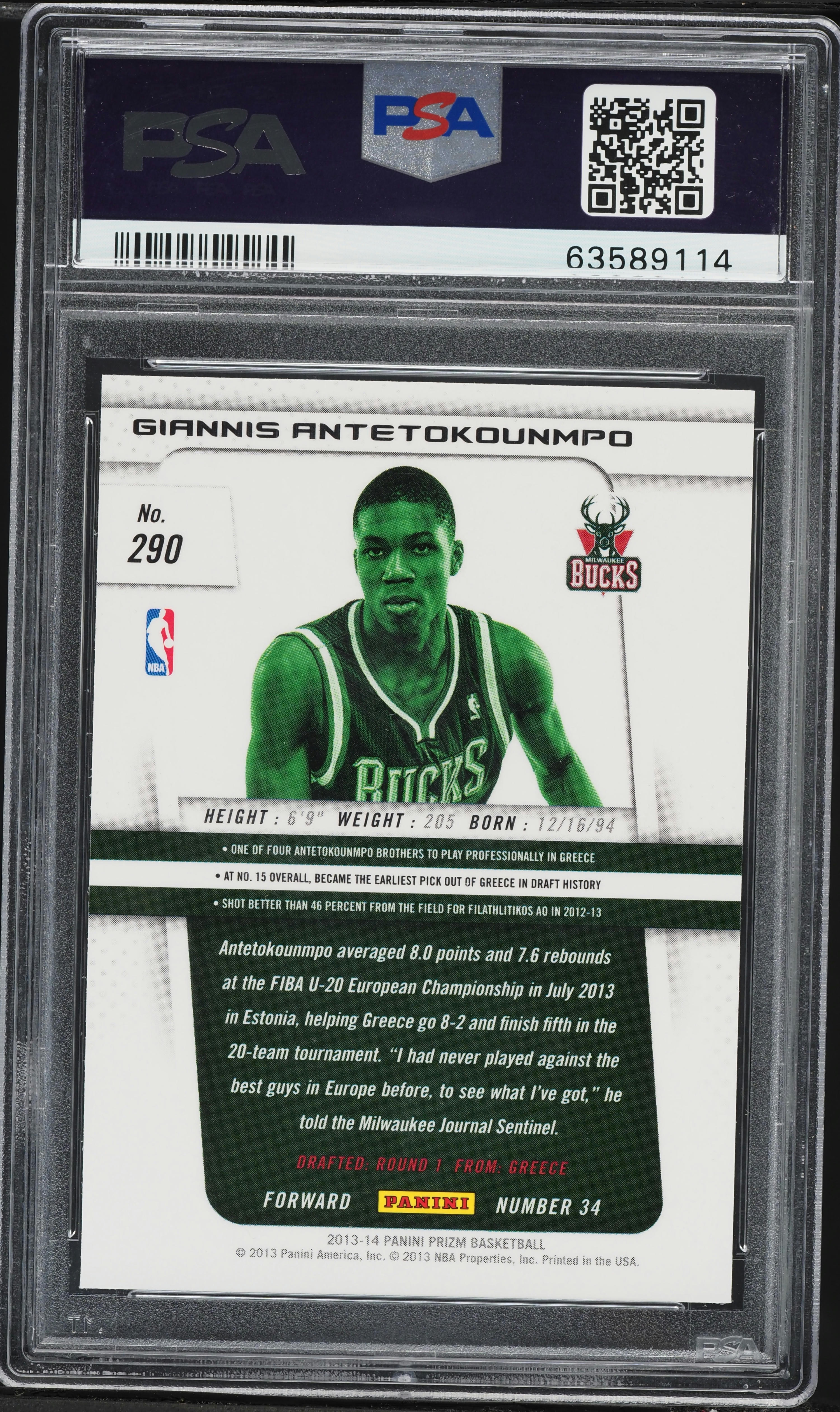 2013 Panini Prizm Giannis Antetokounmpo ROOKIE #290 PSA 10 GEM
