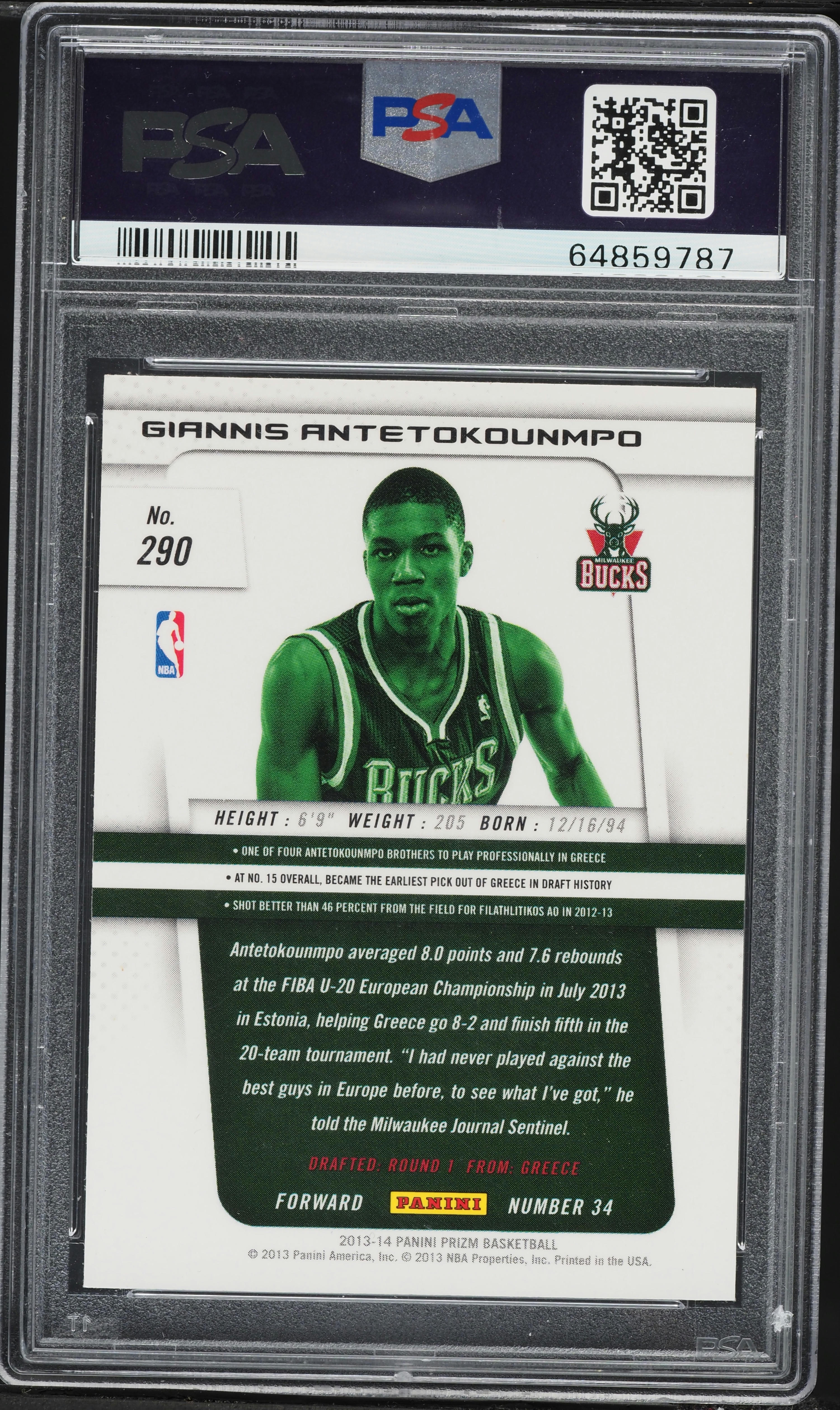 2013 Panini Prizm Giannis Antetokounmpo ROOKIE #290 PSA 10 GEM