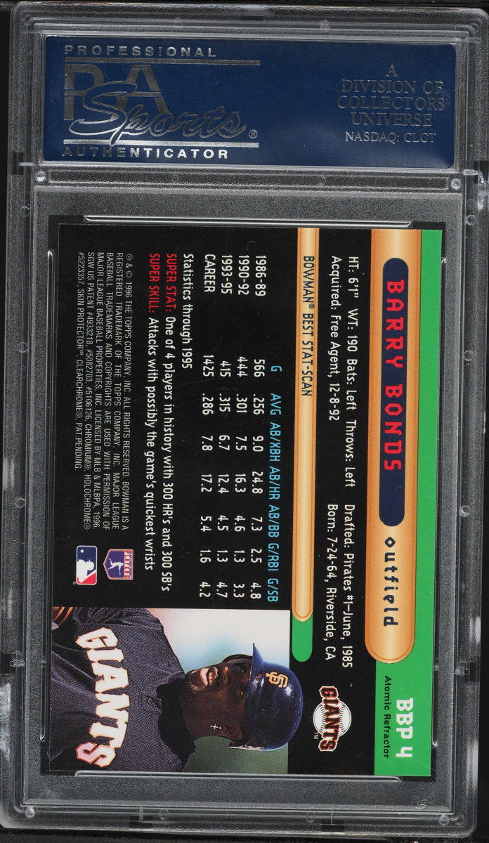 1996 Bowman's Best Preview Atomic Refractor Barry Bonds #BBP4 PSA 10 GEM MINT