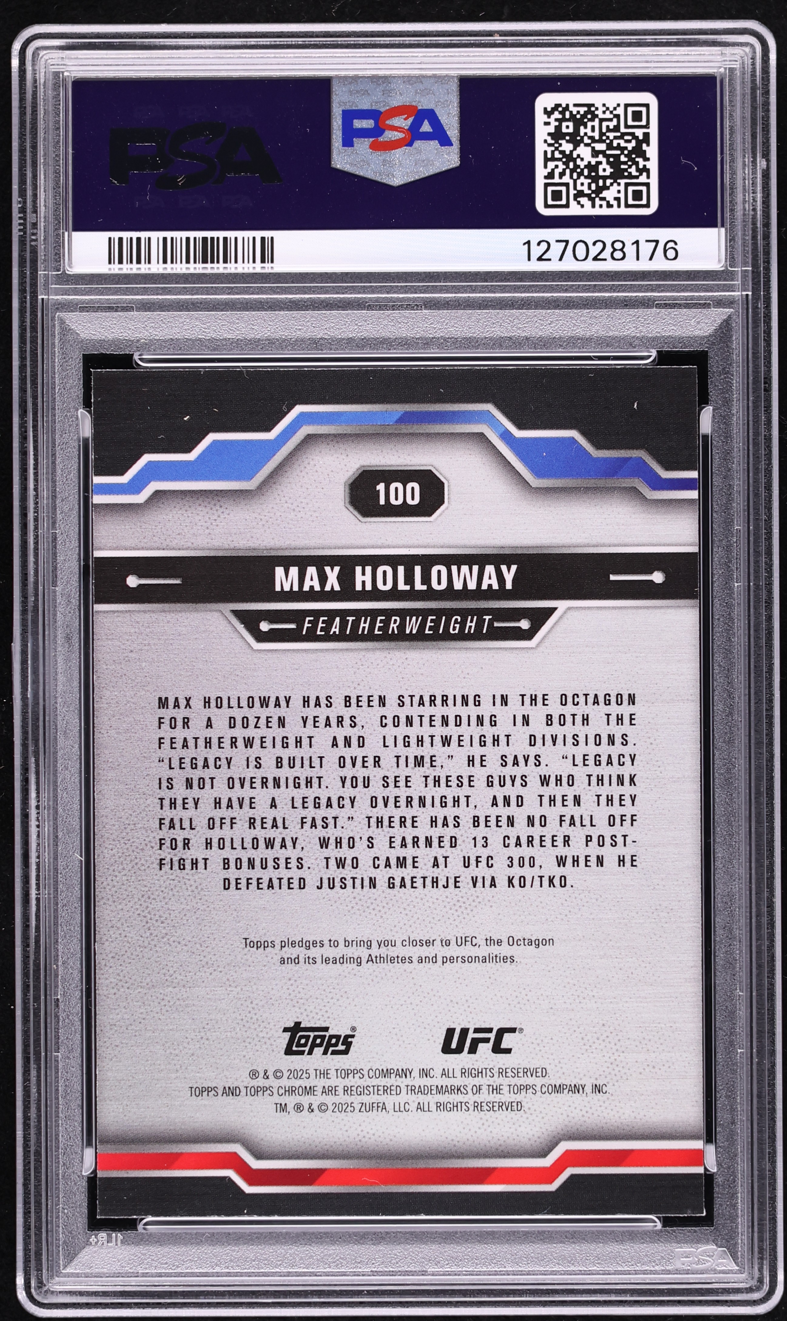 2025 Topps Chrome UFC Blue Refractor Max Holloway /150 #100 PSA 9