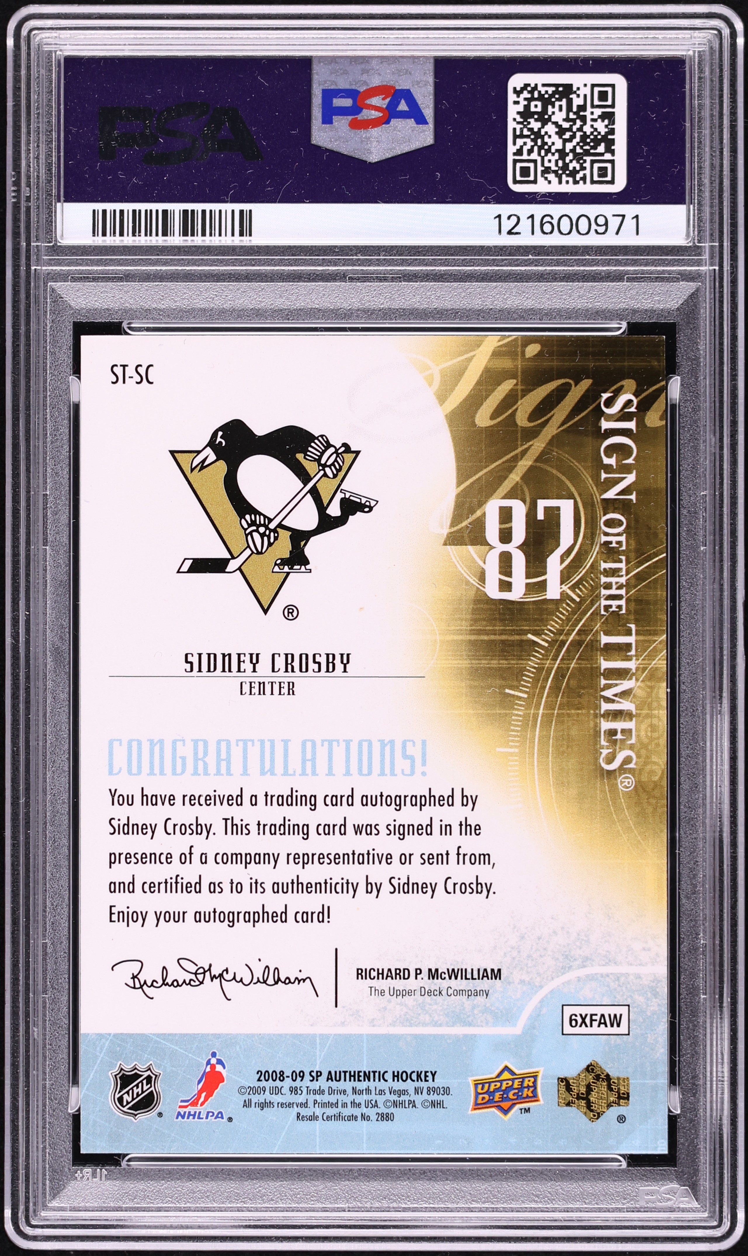 2008 SP Authentic Sign Of The Times Sidney Crosby AUTO DNA 10 #ST