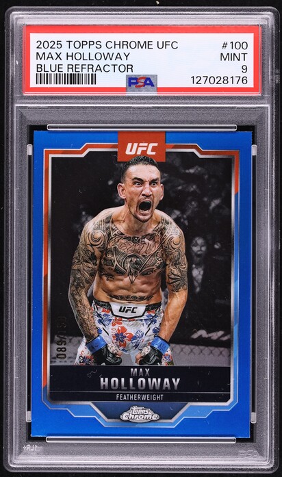2025 Topps Chrome UFC Blue Refractor Max Holloway /150 #100 PSA 9