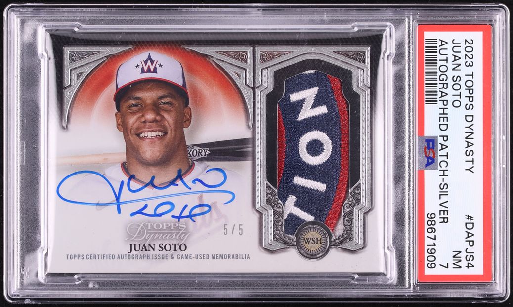 2023 Topps Dynasty Silver Juan Soto PATCH AUTO 5/5 #DAP-JS4 PSA 7 NRMT