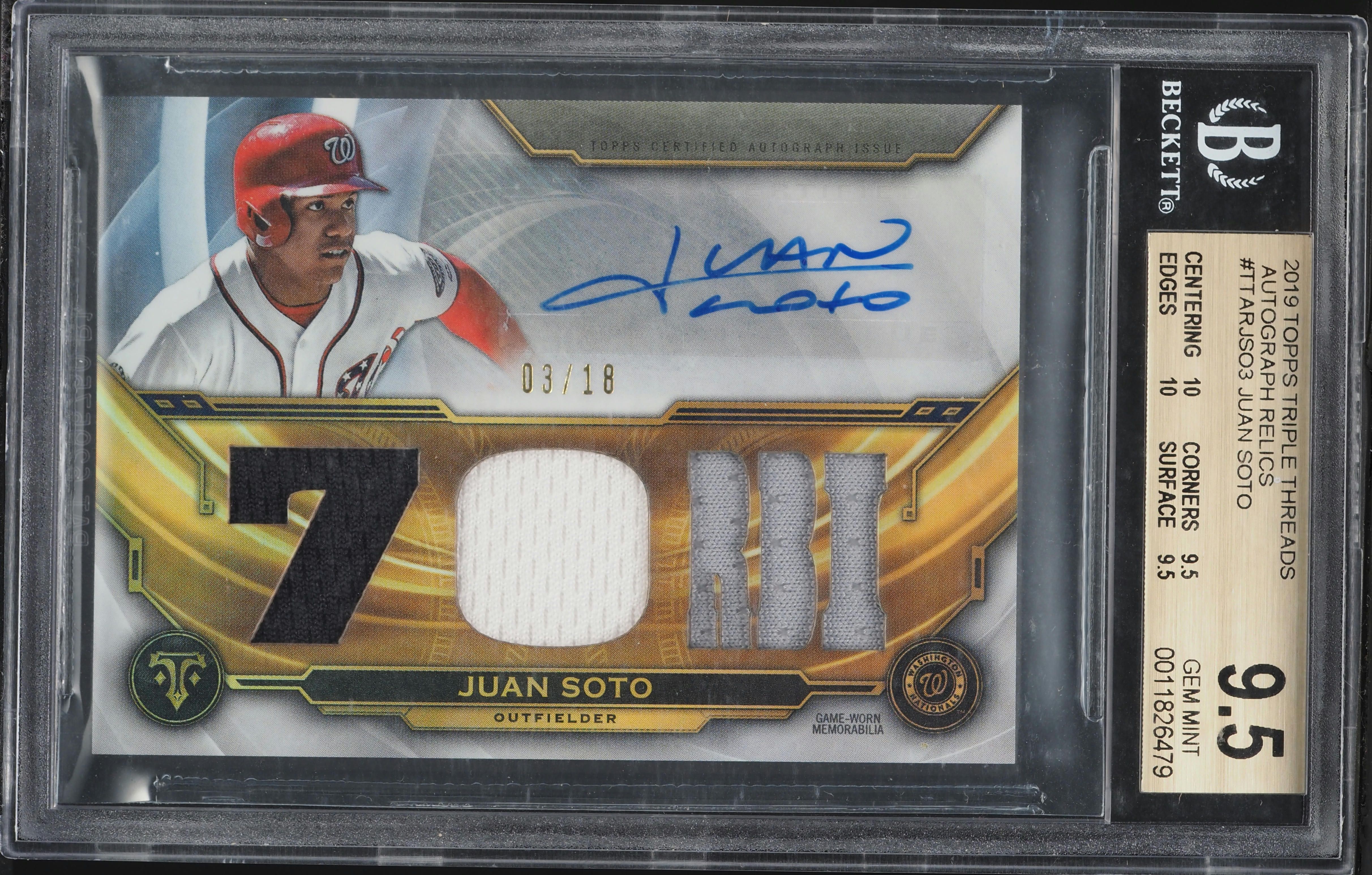 2019 Topps Triple Threads Juan Soto PATCH AUTO /18 #TTARJSO3 BGS 