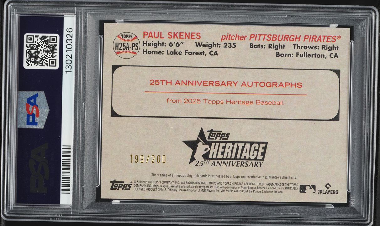 2025 Topps Heritage 25th Anniversary Paul Skenes AUTO /200 #H25APS PSA 10 GEM MINT