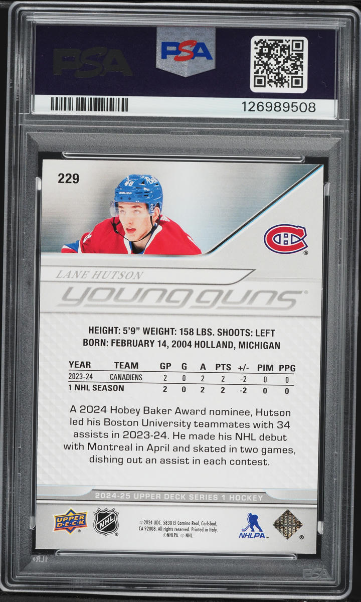 2024 Upper Deck Young Guns Lane Hutson ROOKIE #229 PSA 10 GEM MINT