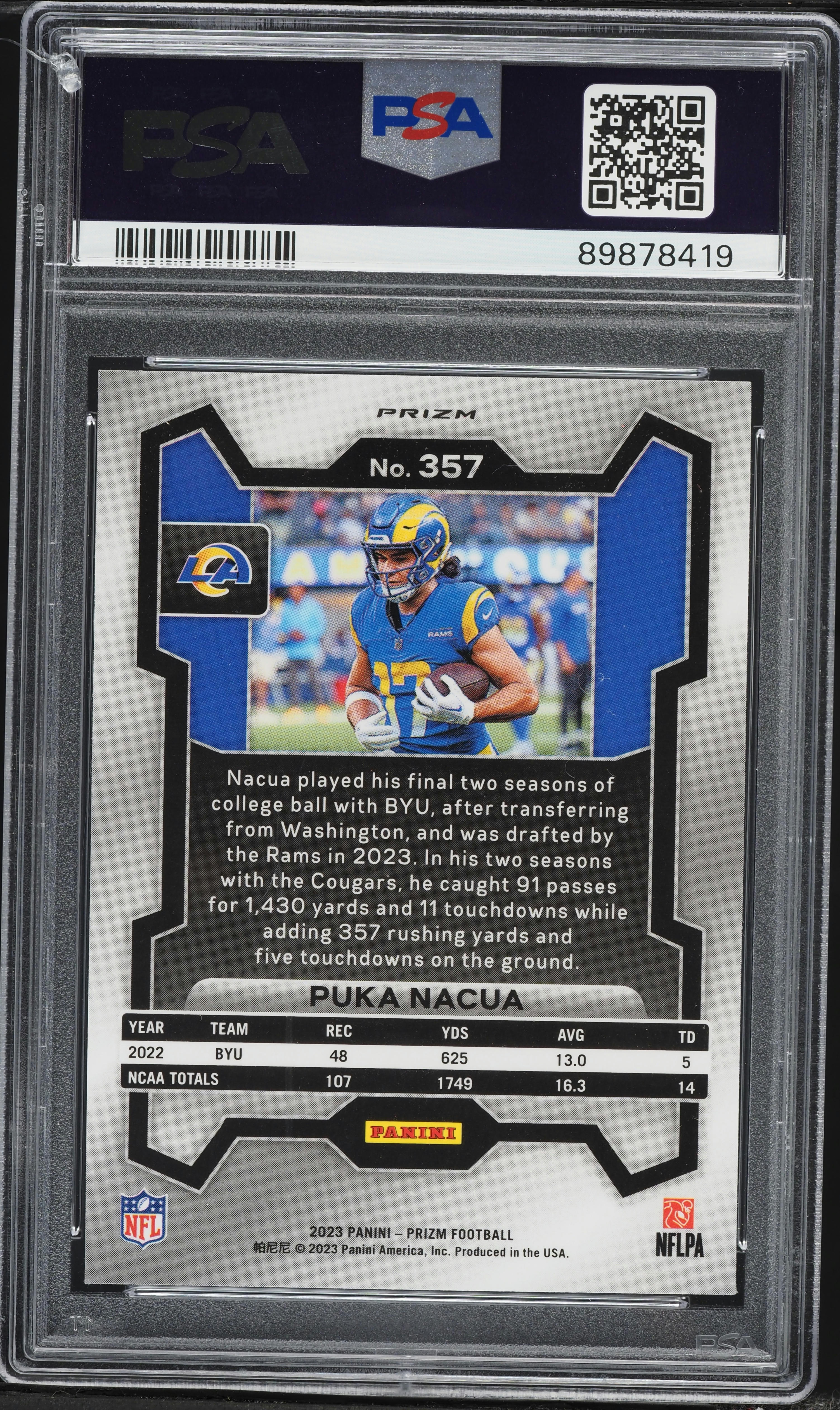 2023 Panini Prizm Silver Puka Nacua ROOKIE #357 PSA 10 GEM MINT on