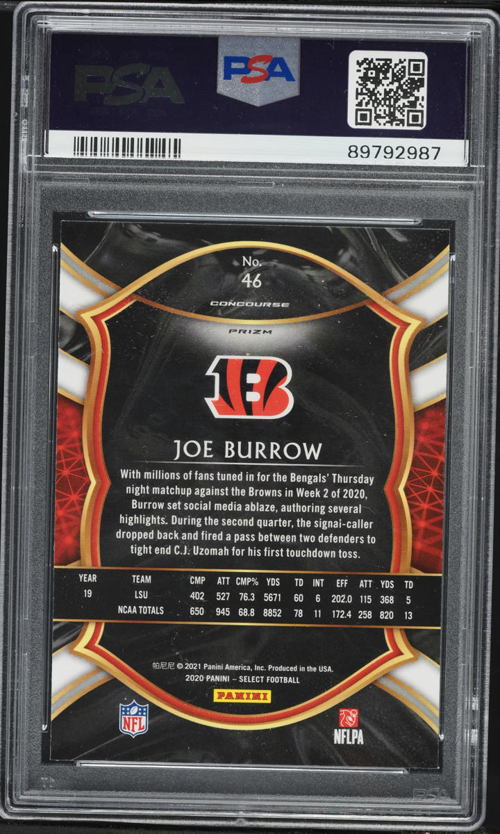 2020 Select Concourse Silver Prizm Joe Burrow ROOKIE #46 PSA 10 GEM MINT