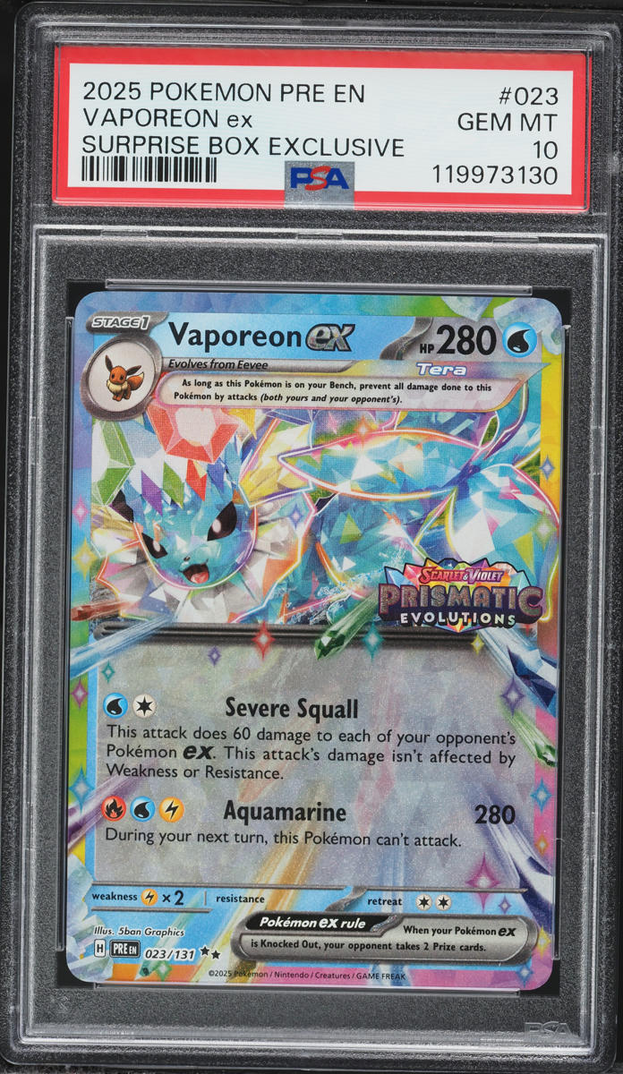 2025 Pokemon Scarlet & Violet Prismatic Evolutions Surprise Box Holo Vaporeon Ex #23 PSA 10 GEM