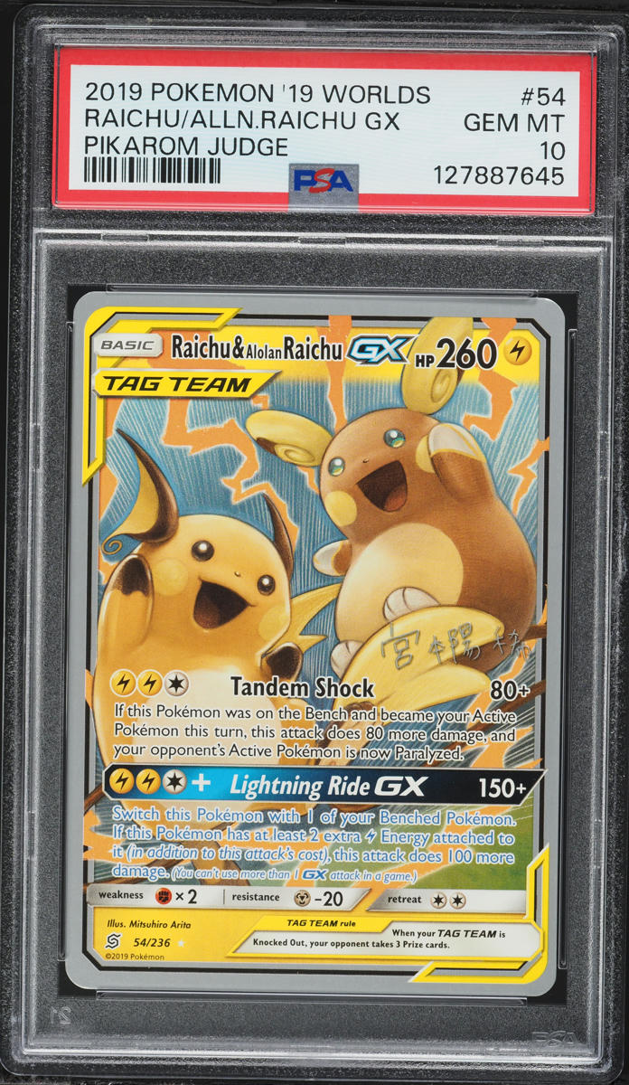 2019 Pokemon '19 World Championships Deck Pikarom Judge Raichu Alolan Raichu GX #54 PSA 10 GEM