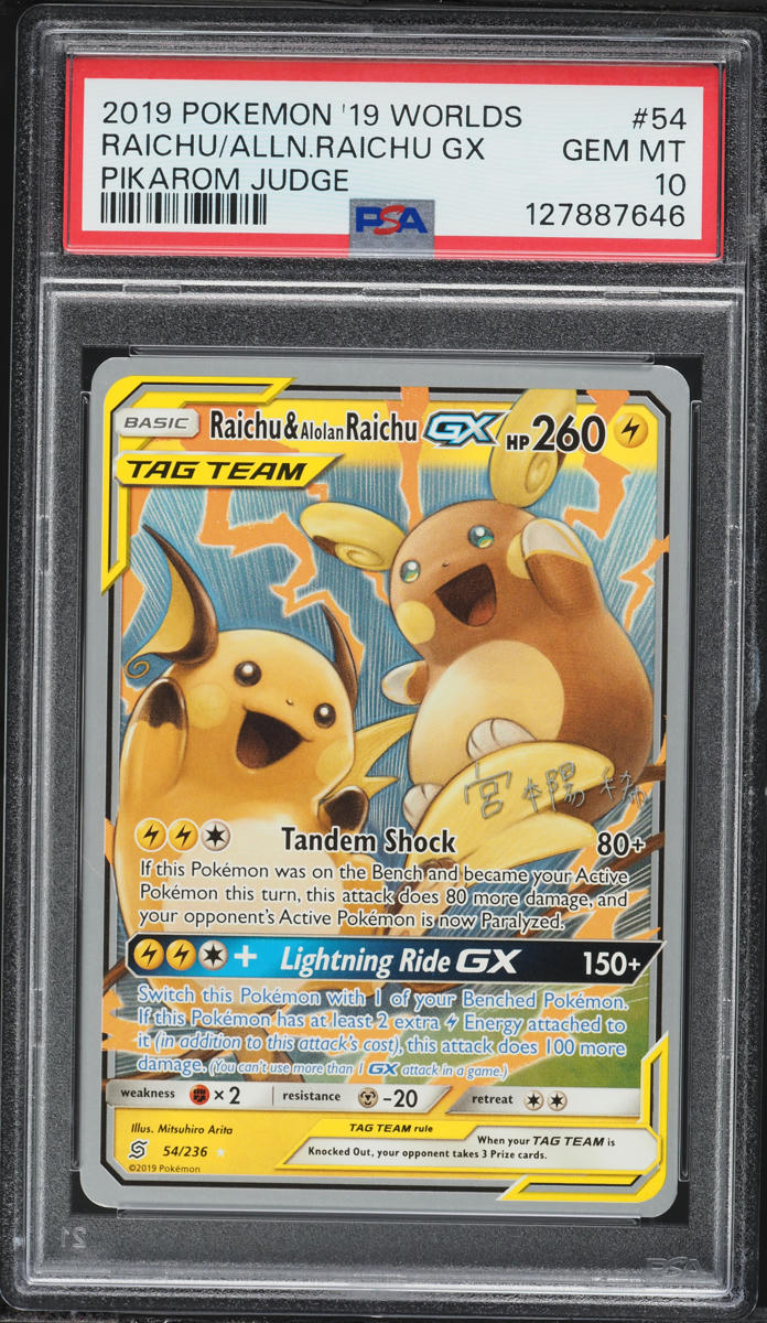 2019 Pokemon '19 World Championships Deck Pikarom Judge Raichu Alolan Raichu GX #54 PSA 10 GEM