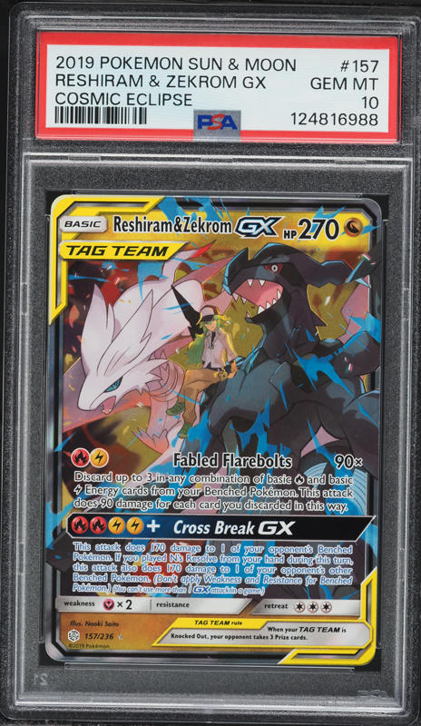 2019 Pokemon Sun & Moon Cosmic Eclipse Holo Reshiram & Zekrom GX #157 PSA 10 GEM MINT