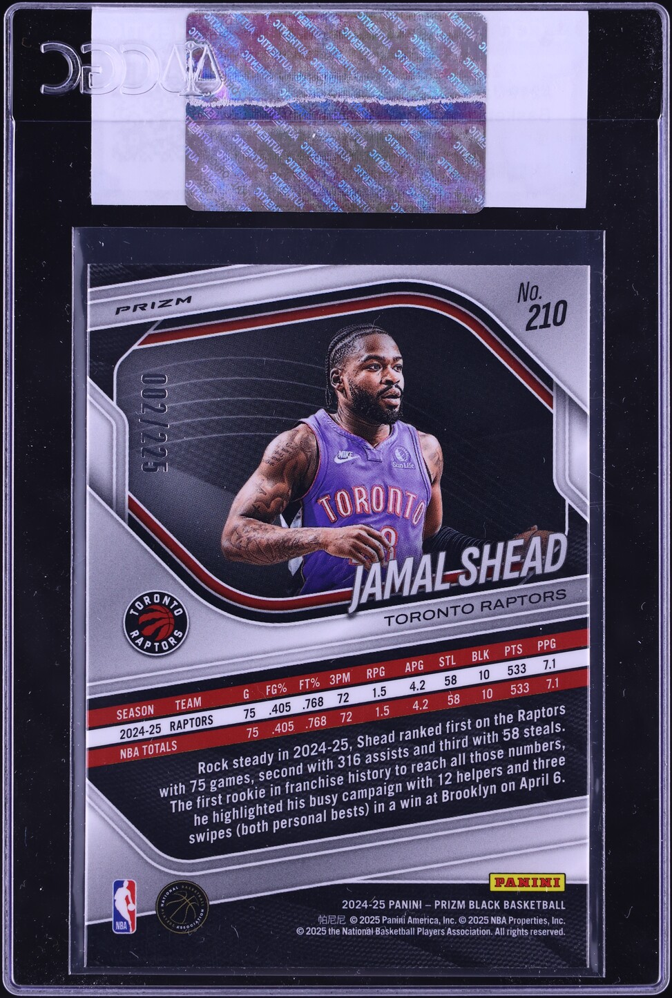 2024 Panini Prizm Black Basketball Jamal Shead ROOKIE /225 #210 CGC AUTH