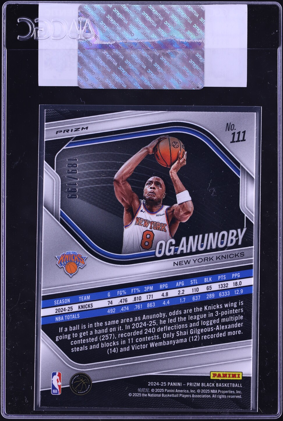 2024 Panini Prizm Black Blue OG Anunoby /199 #111 CGC AUTH