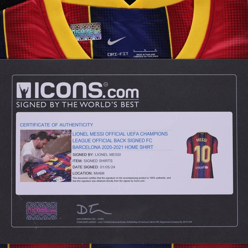Lionel Messi Signed Autographed FC Barcelona UEFA Champions Jersey - Icons AUTH, COA