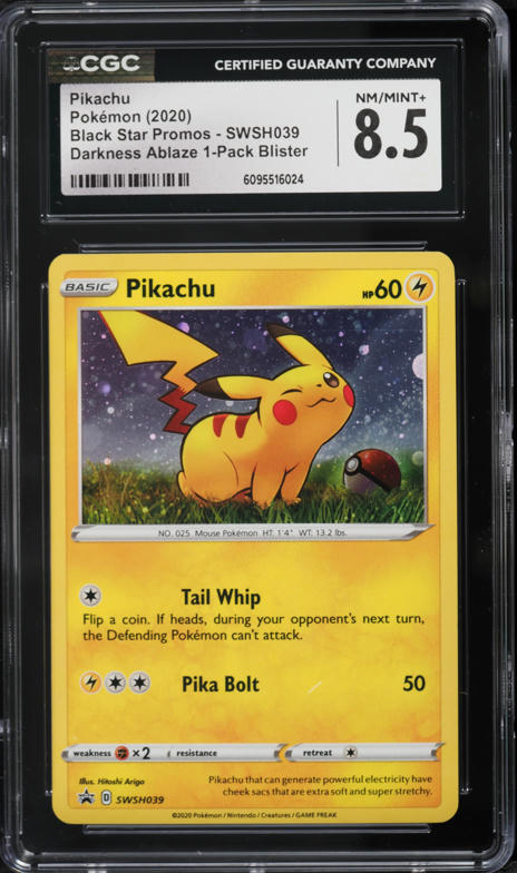 2020 Pokemon Sword & Shield Promo Darkness Ablaze Holo Pikachu #SWSH039 CGC 8.5 NM-MT+