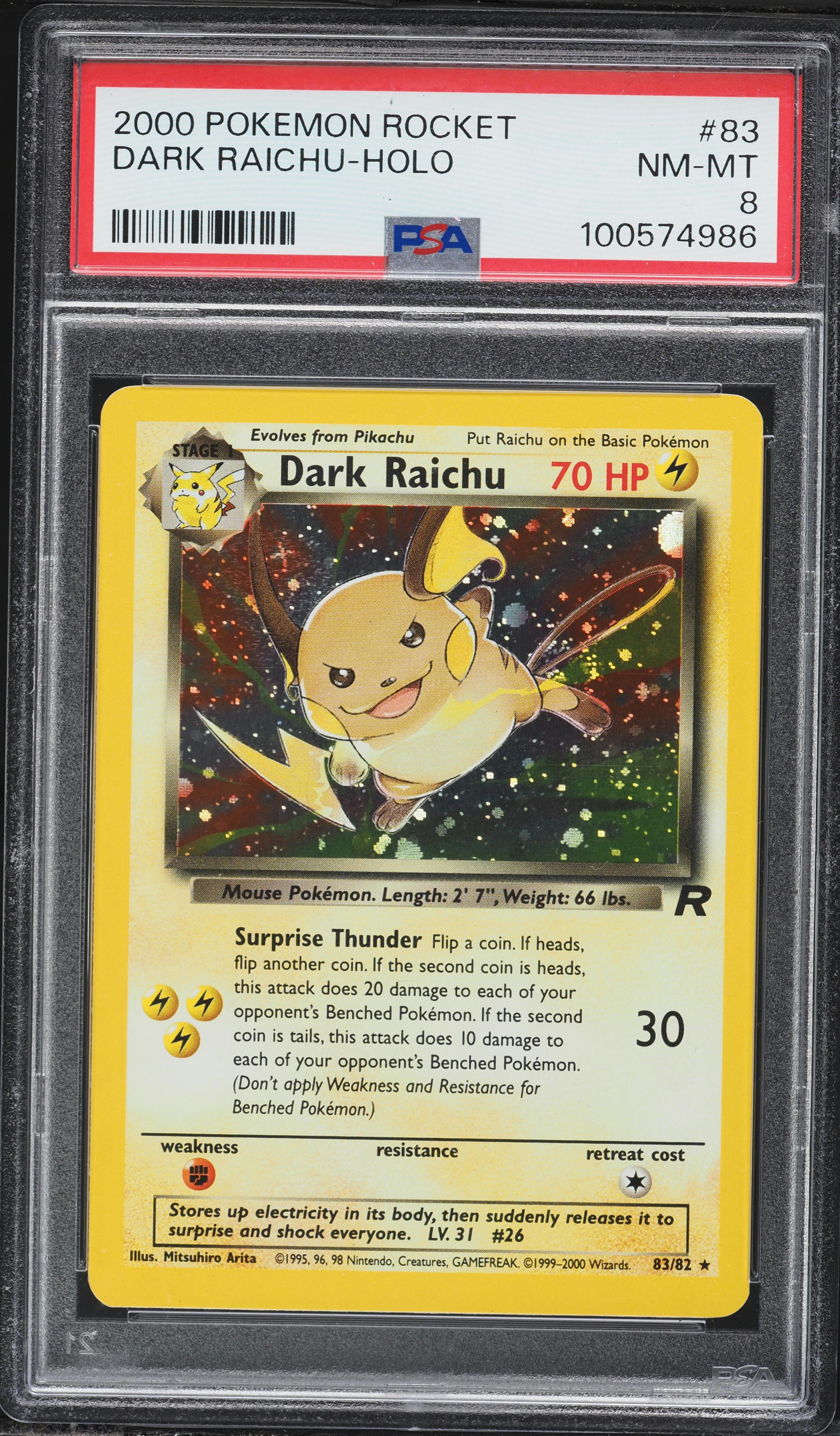 2000 Pokemon Team Rocket Holo Dark Raichu #83 PSA 8 NM-MT on