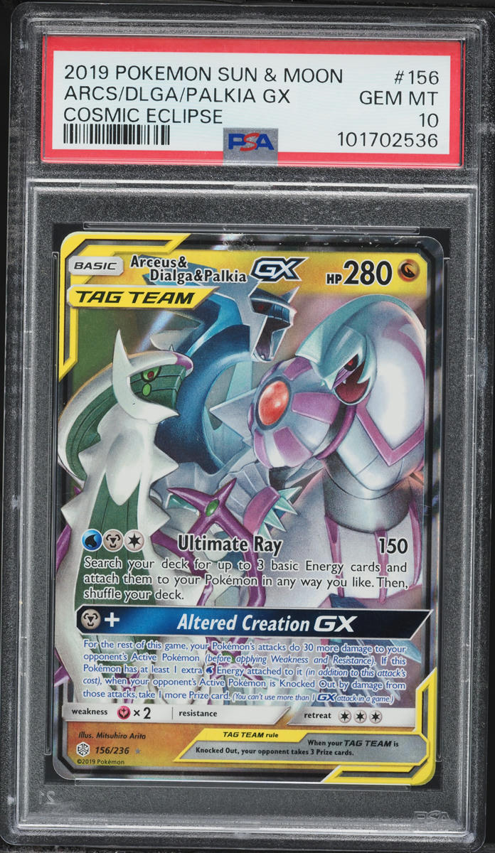 2019 Pokemon Sun & Moon Cosmic Eclipse Arceus & Dialga & Palkia GX #156 PSA 10 GEM MINT