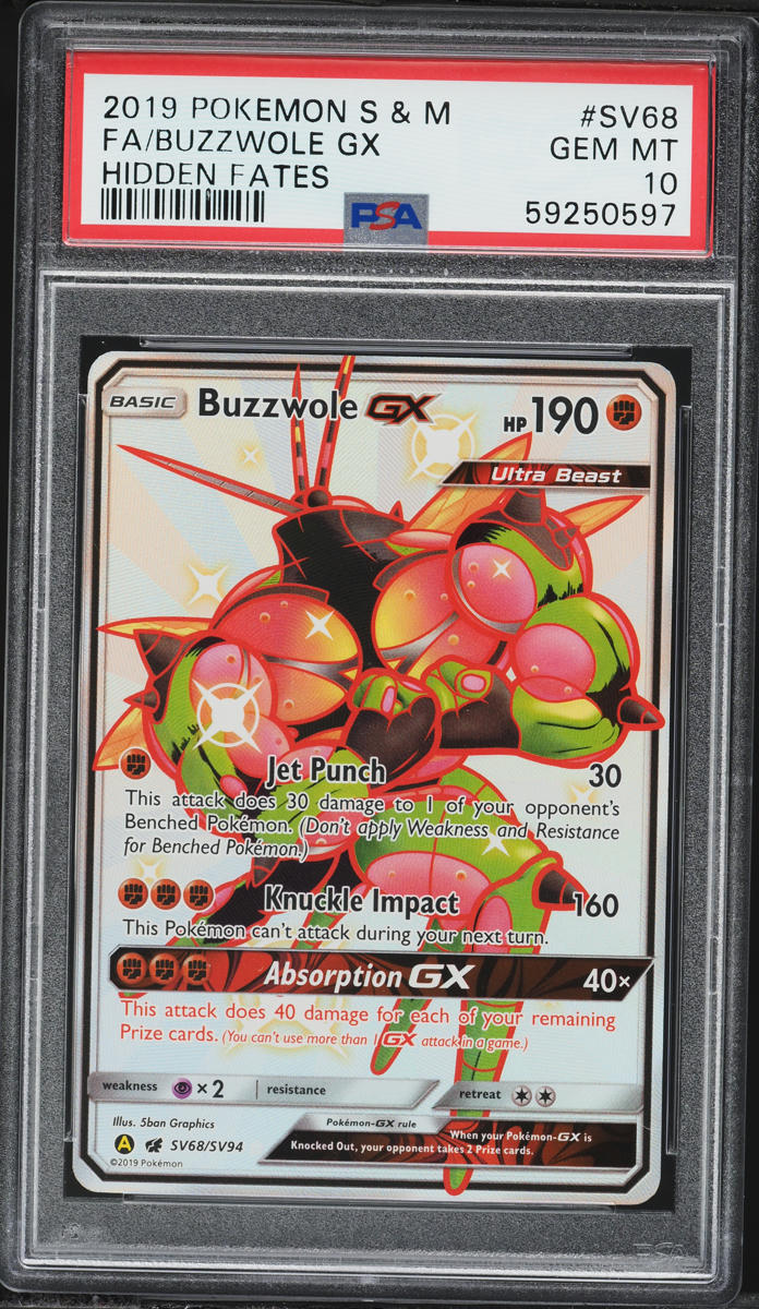 2019 Pokemon Sun & Moon Hidden Fates Full Art Shiny Buzzwole GX #SV68 PSA 10 GEM MINT