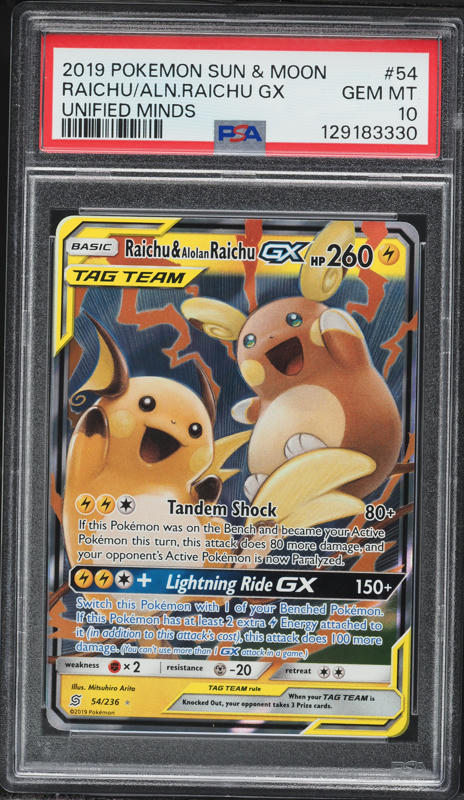 2019 Pokemon Sun & Moon Unified Minds Full Art Raichu & Alolan Raichu GX #54 PSA 10 GEM MINT