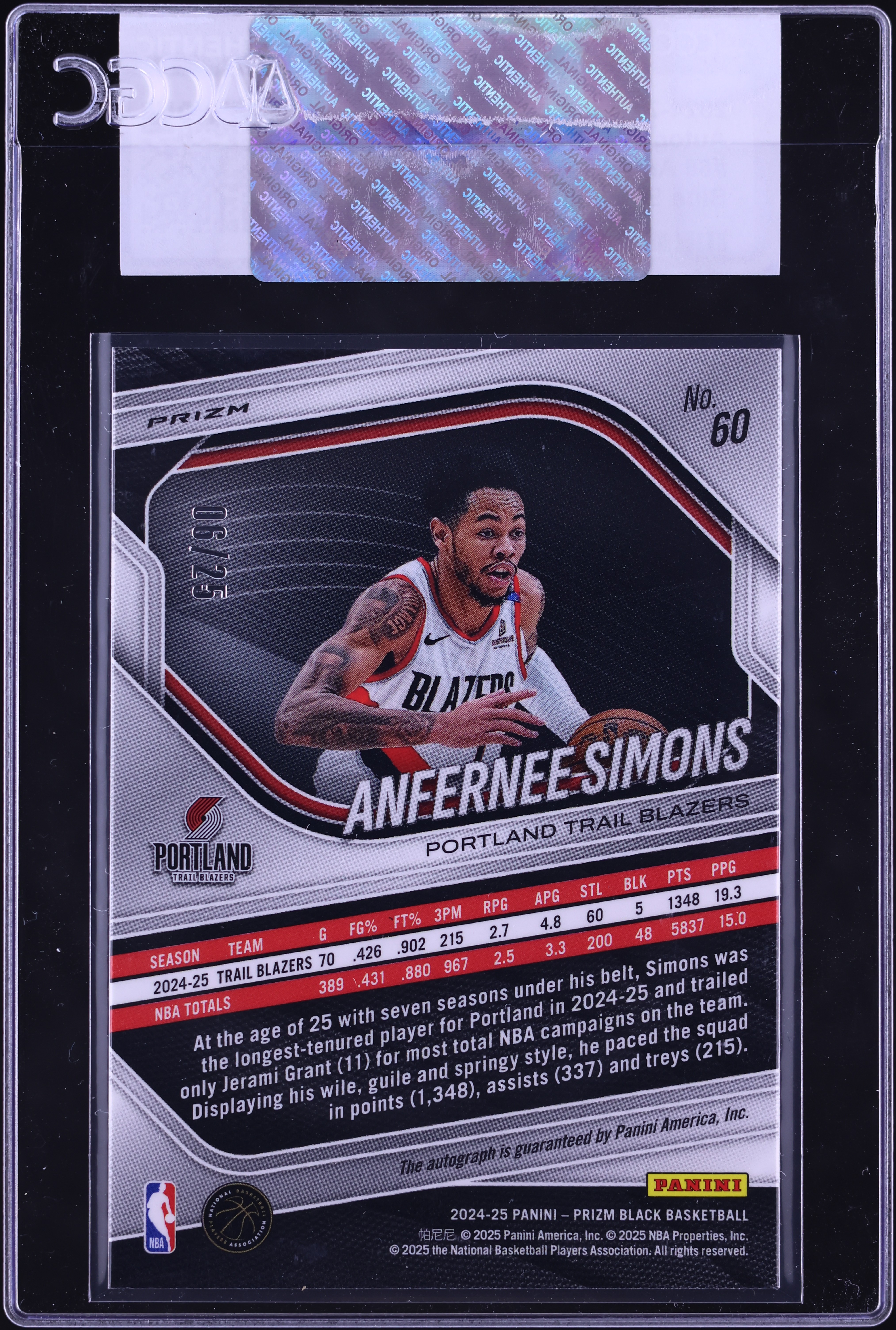 2024 Panini Prizm Black Blue Shimmer FOTL Anfernee Simons AUTO /25