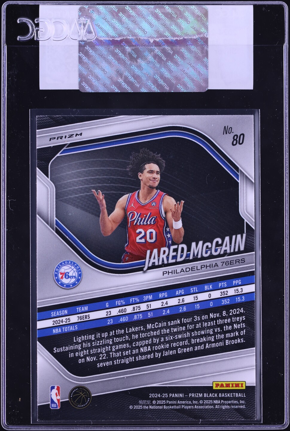 2024 Panini Prizm Black Silver Jared McCain ROOKIE #80 CGC AUTH