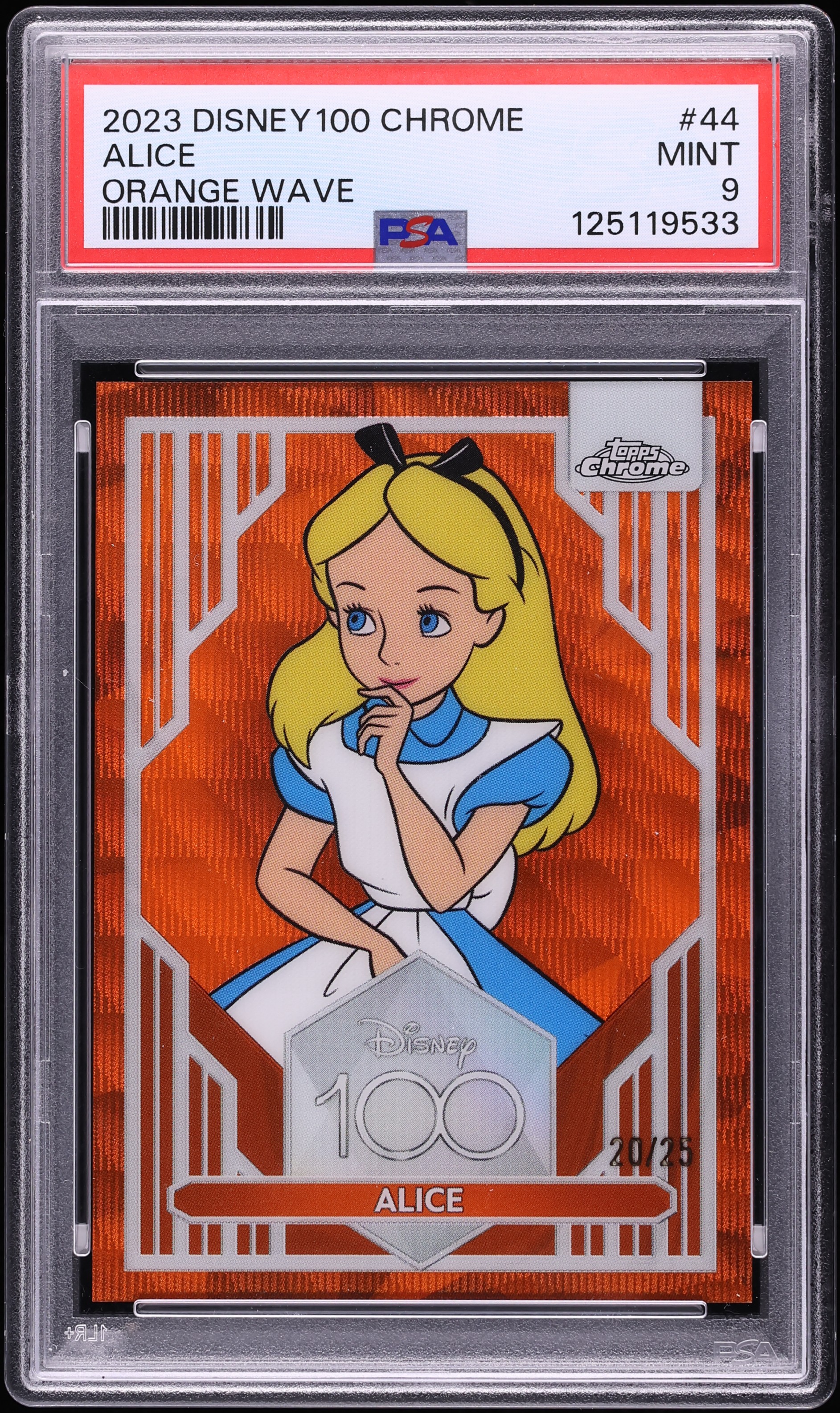 2023 Topps Chrome Disney100 Orange Wave Alice /25 #44 PSA 9 MINT