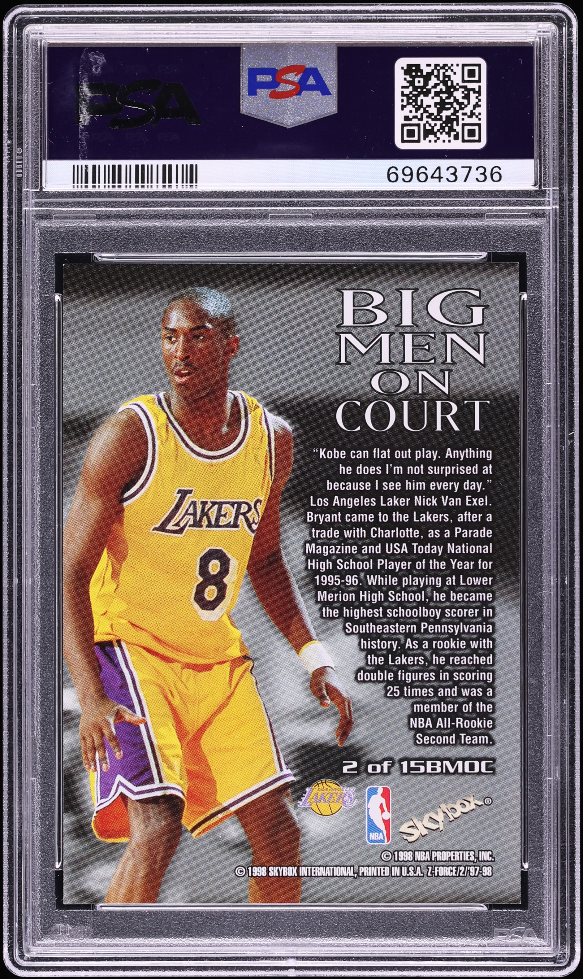 1997 Skybox Z-Force Big Men On Court Kobe Bryant #2 PSA 9 MINT on