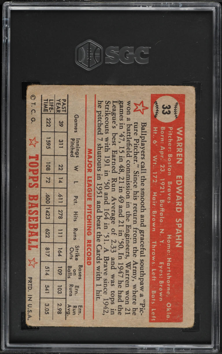 1952 Topps Warren Spahn RED BACK #33 SGC 1.5 FR