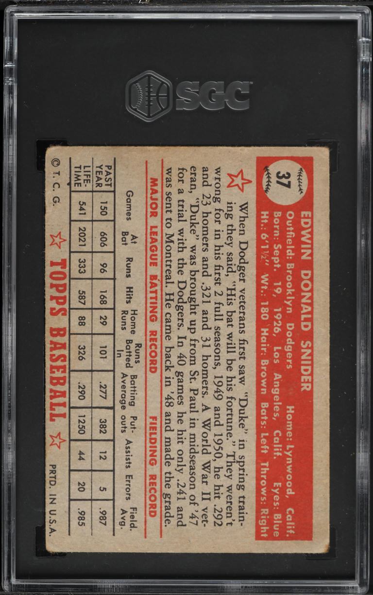 1952 Topps Duke Snider RED BACK #37 SGC 3 VG