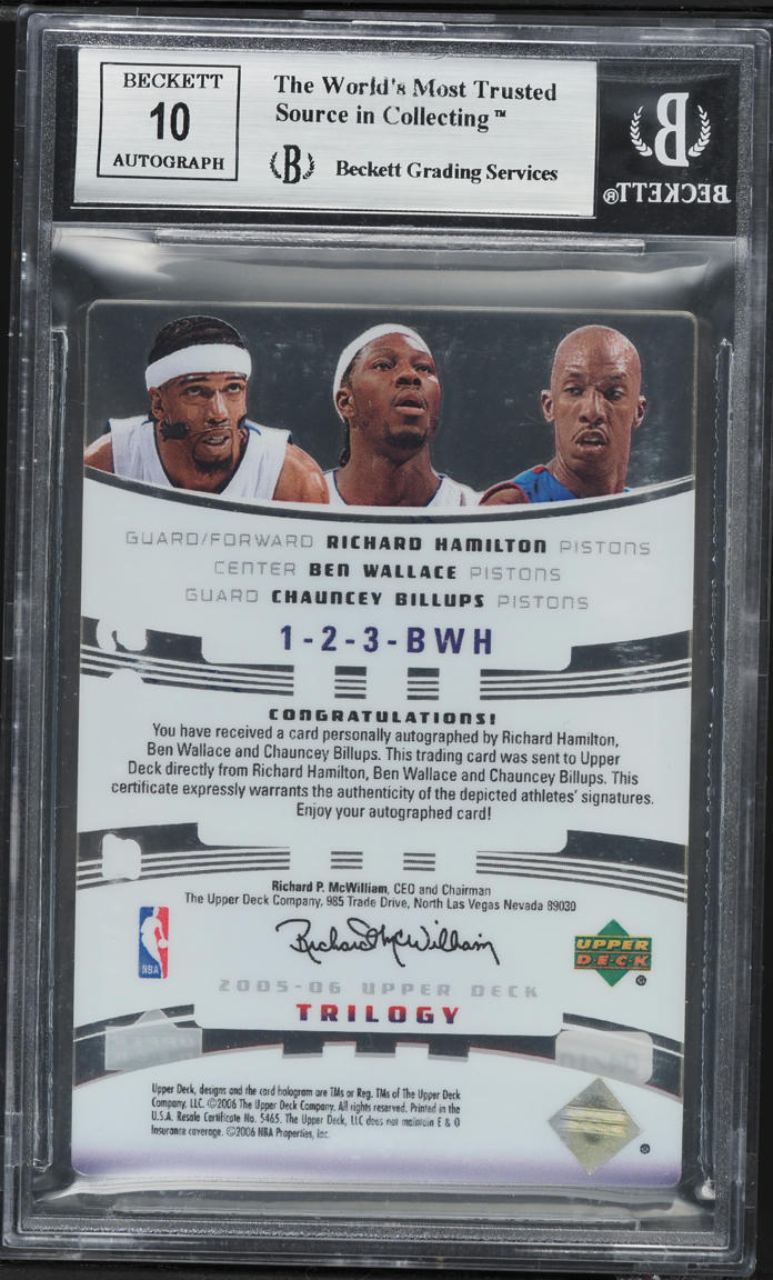 2005 UD Trilogy One Two Three Chauncey Billups Ben Wallace Richard Hamilton AUTO /10 BGS 9 MINT