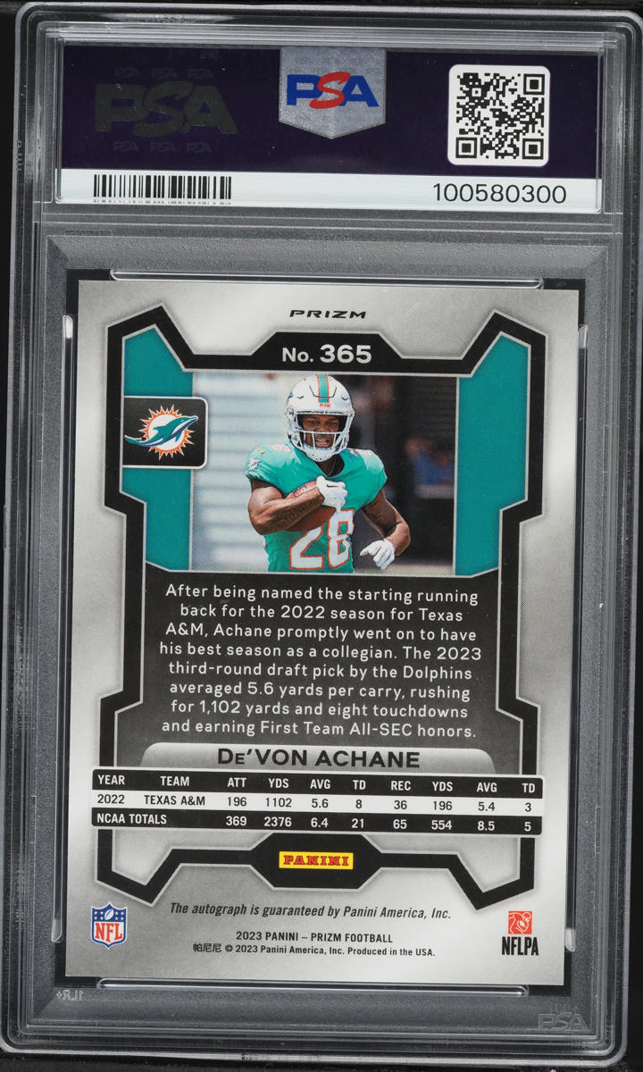 2023 Panini Prizm Pink De'Von Achane ROOKIE AUTO #365 PSA 10 GEM
