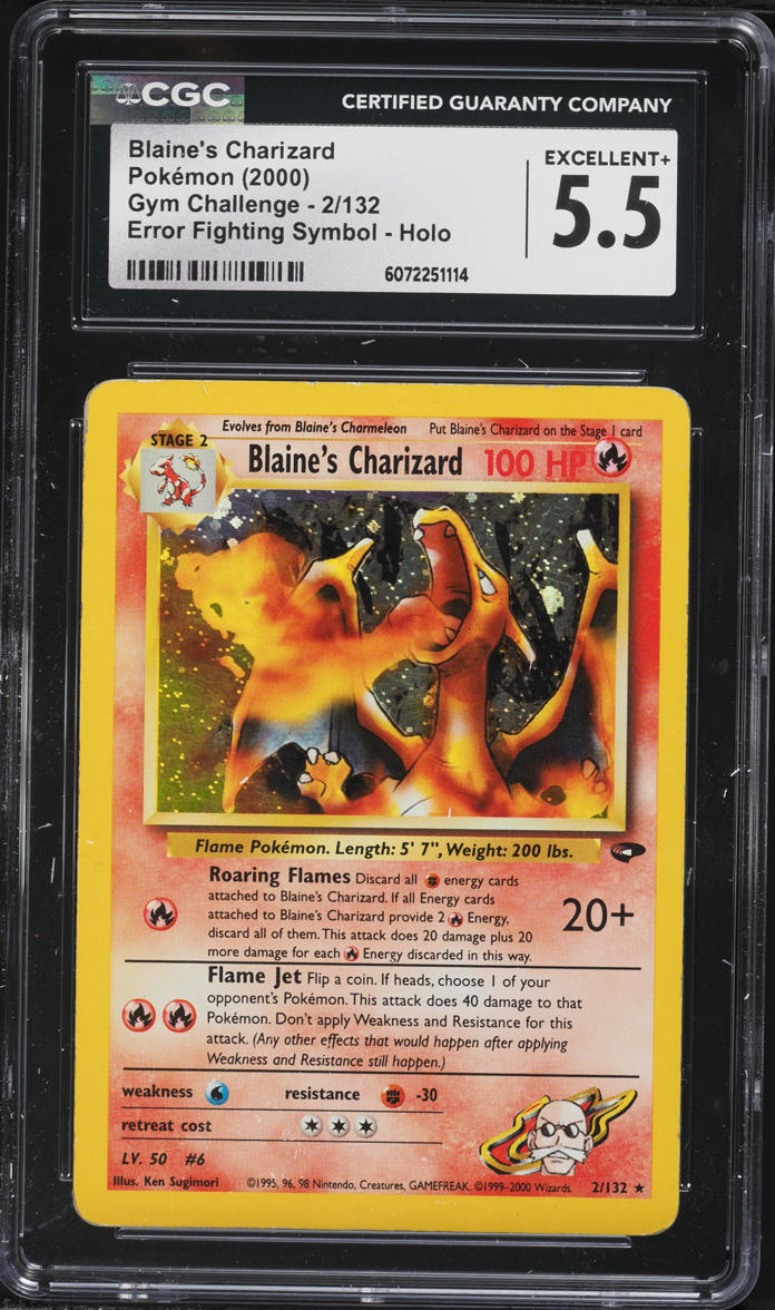 2000 Pokemon Gym Challenge Error Fighting Symbol Holo Blaine's Charizard #2 CGC 5.5 EX+